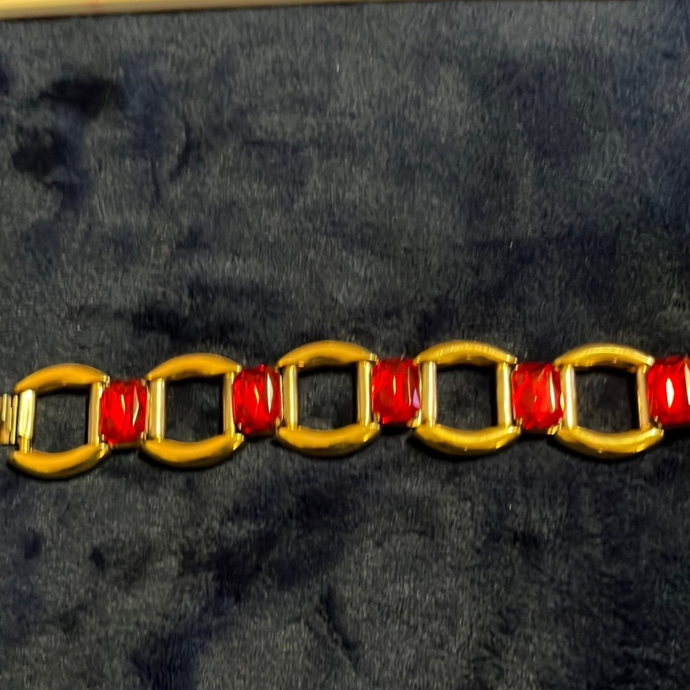 Vintage signed PREMIER ETAGE PARIS gold tone bracelet emerald cut Ruby stones.